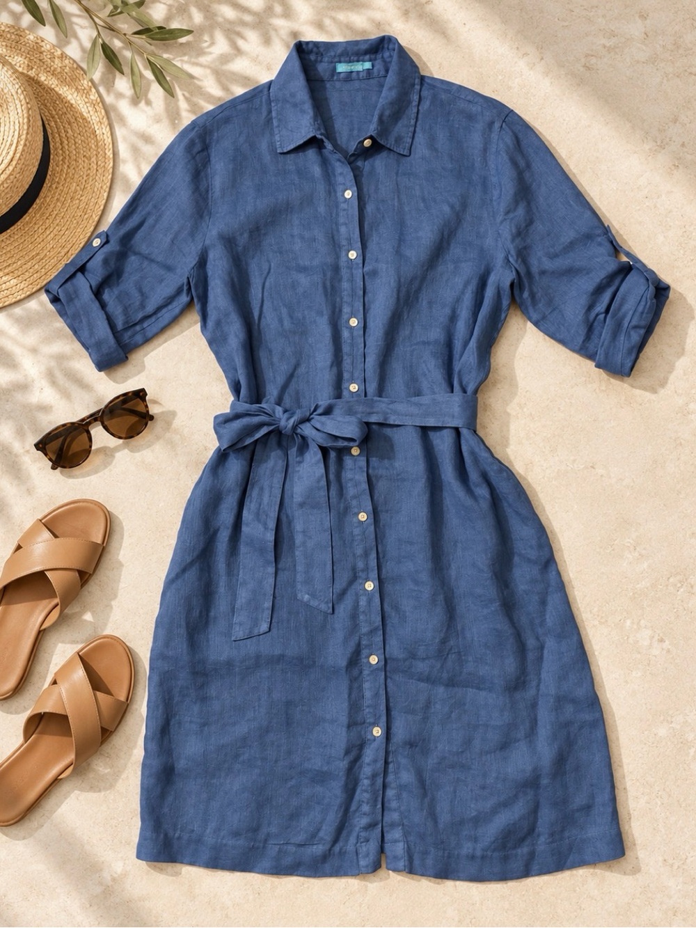 J. McLaughlin Blue Linen Belted Shirt Dress Medium Roll Tab Sleeve - Picture 3 of 11